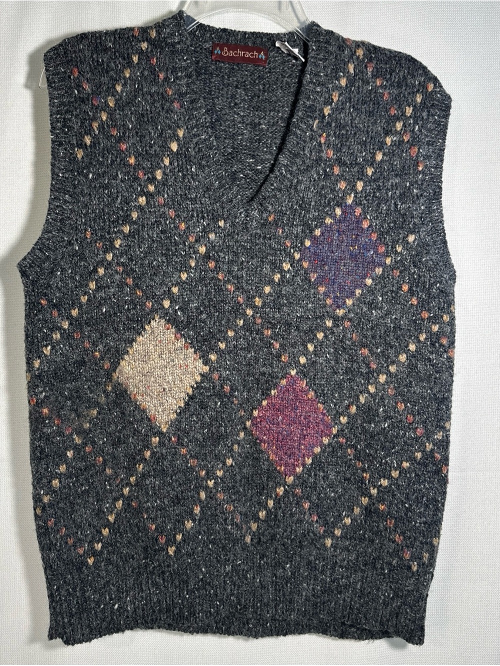 Bachrach Charcoal Gray Argyle V-Neck Sweater Vest with Purple and Cream Accents